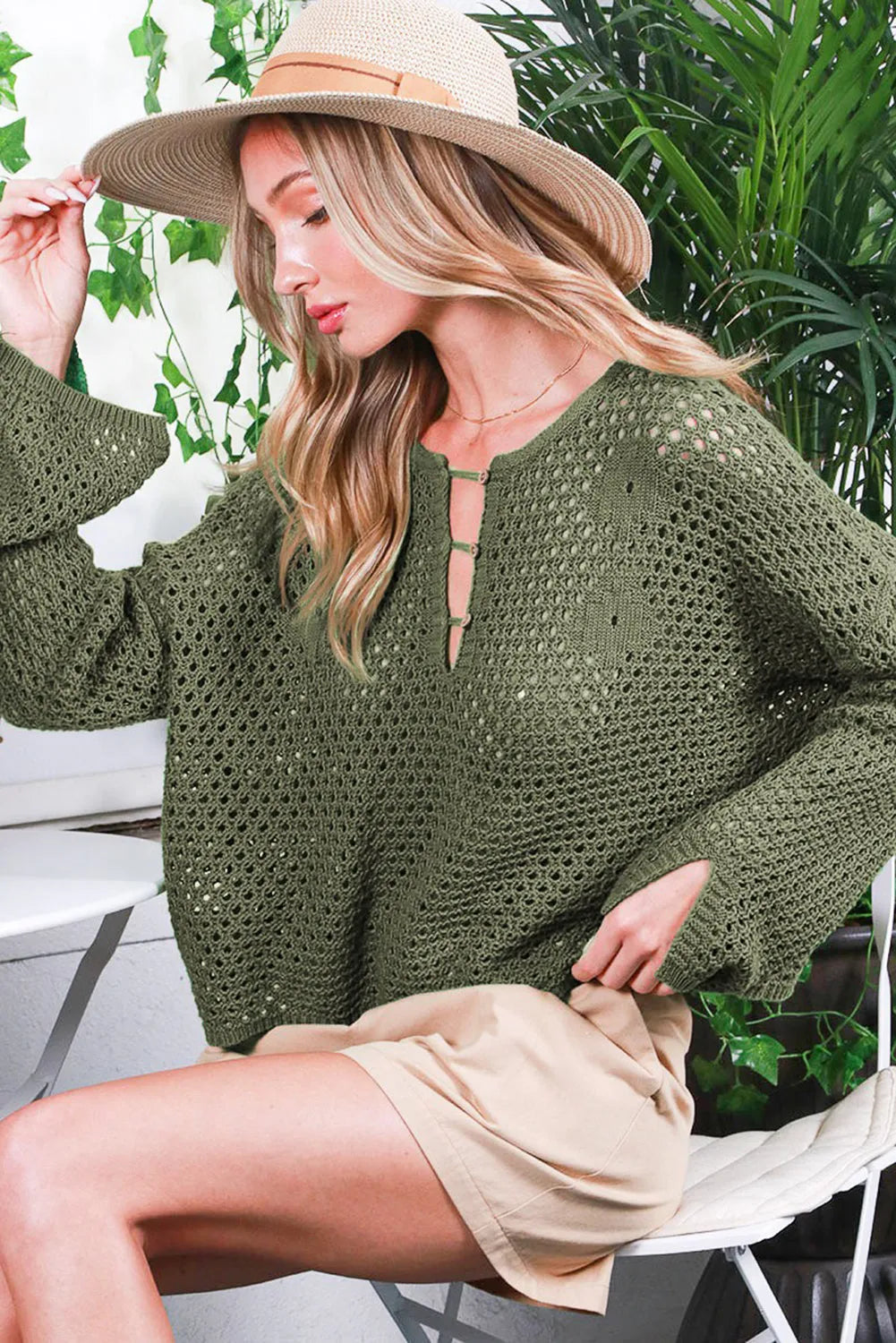 Vineyard Green Open Knit Buttoned Neck Split Sleeve Sweater - Chic Meadow Boutique 