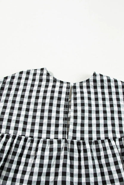 Black Checkered Puff Sleeve Tiered Loose Babydoll Blouse - Chic Meadow Boutique 