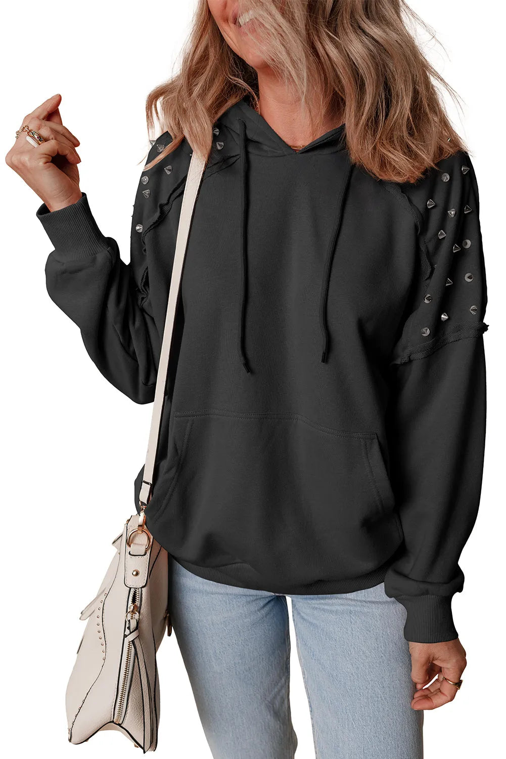 Black Solid Color Rivet Stud Raglan Sleeve Hoodie with Pocket - Chic Meadow Boutique 