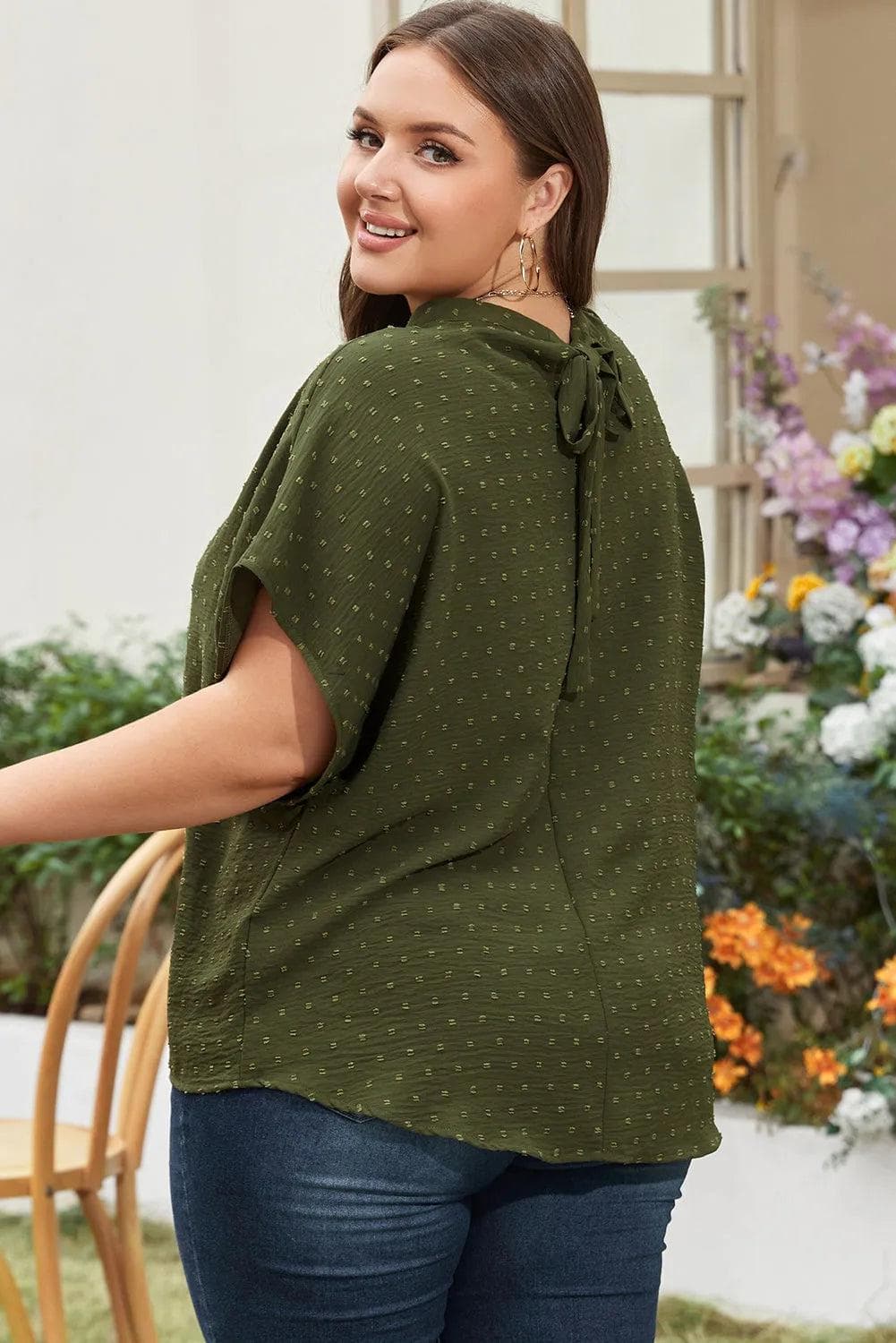 Plus Size/Plus Size Tops/Plus Size Blouses & Shirts Moss Green Plus Size Swiss Dot Mock Neck Tied Nape Top