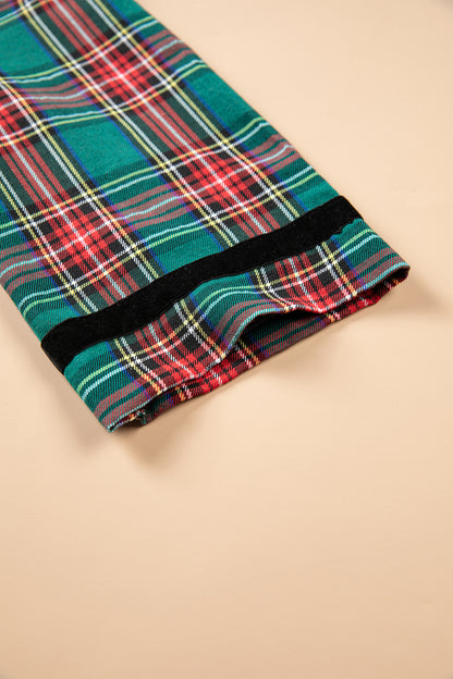 Green Plaid Velvet Trim Pockets Short Shift Dress