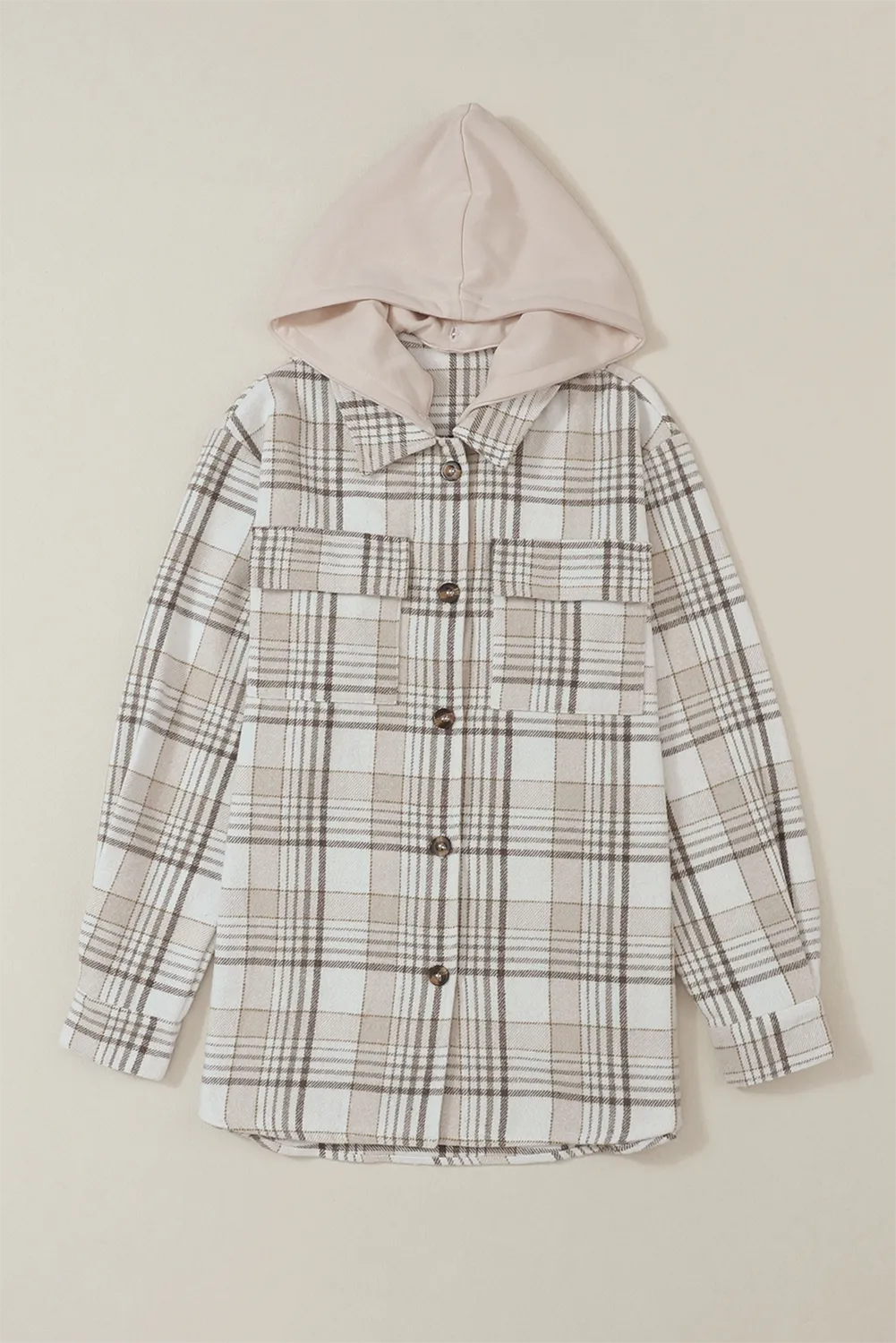 Khaki Plaid Removable Hood Buttoned Shacket - Chic Meadow Boutique 