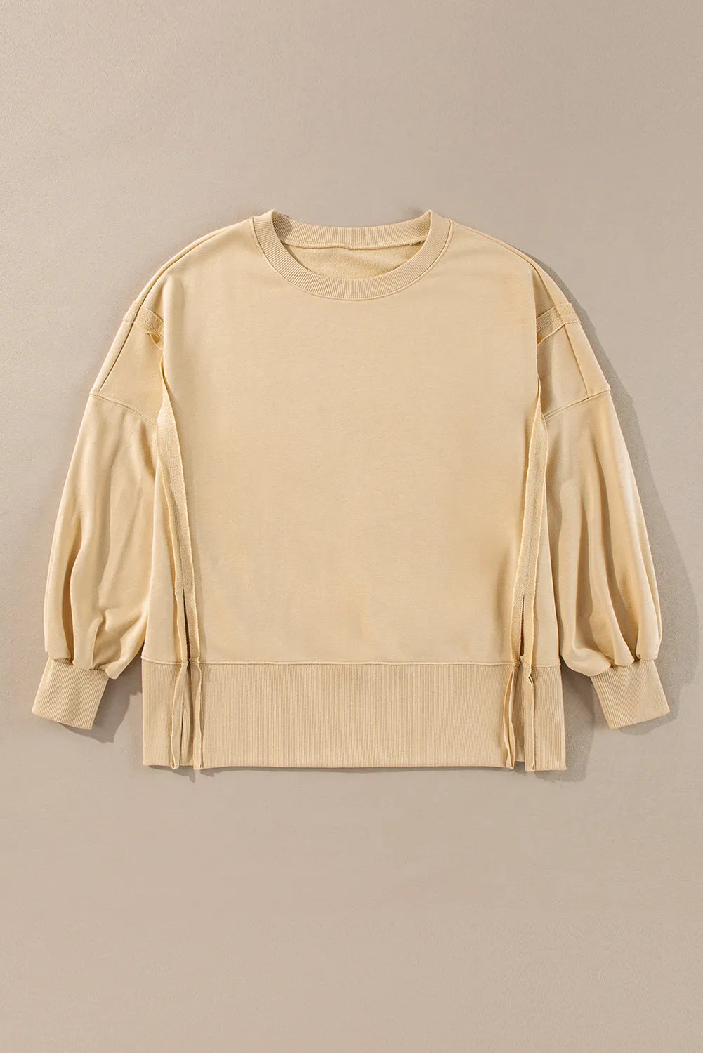 Light French Beige Exposed Seam Drop Shoulder Round Neck Sweatshirt with Slits - Chic Meadow Boutique 