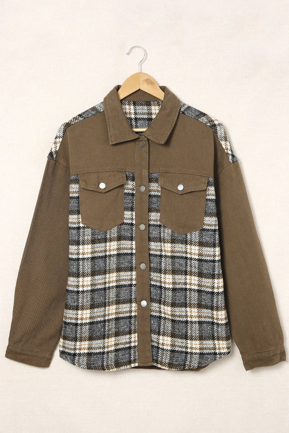 Brown Plaid Patchwork Pockets Denim Jacket - Chic Meadow Boutique 