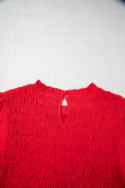 Racing Red Solid Color Smocked Ruffle Hem Long Sleeve Blouse