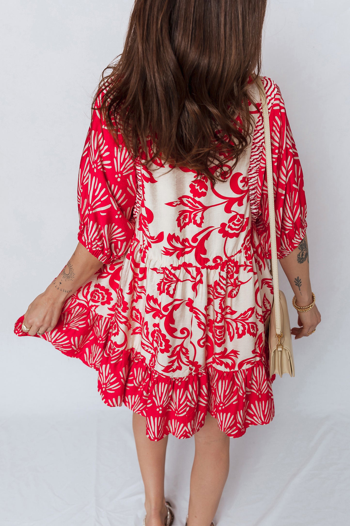 Red Collared V Neck Half Sleeve Loose Flower Mini Dress
