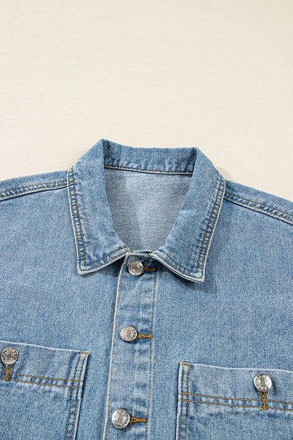 Beau Blue Multi Patched Pockets Side Tie up Boyfriend Style Denim Jacket
