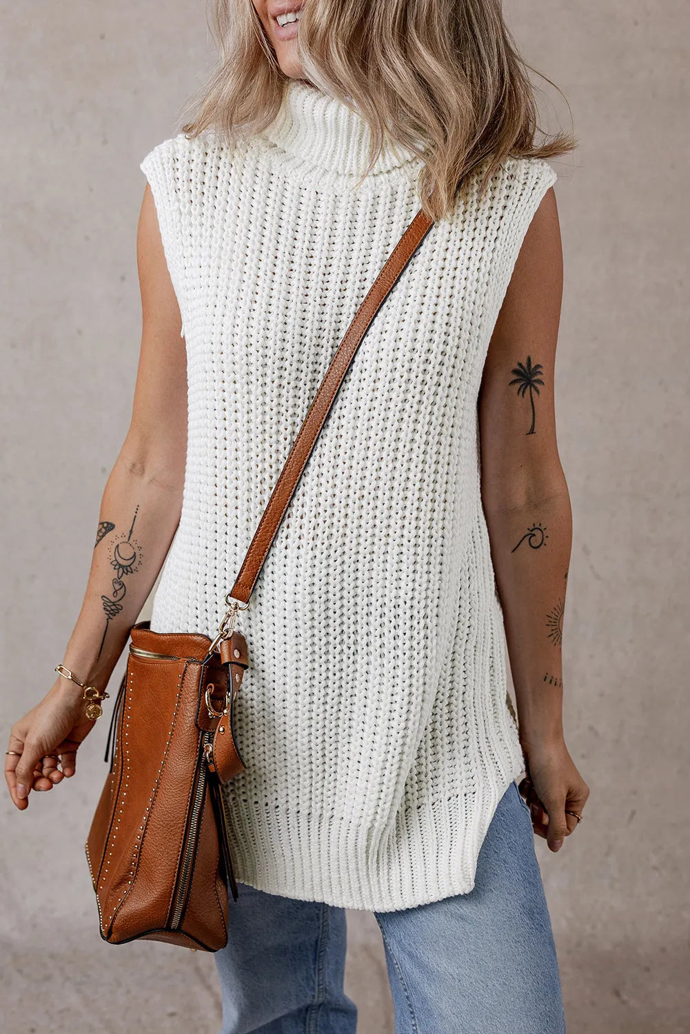 White Turtleneck Knitted Slit Hem Sweater Vest - Chic Meadow Boutique 