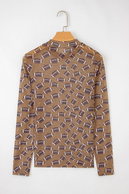 Brown Game Day Rugby Mesh Sheer Long Sleeve Top