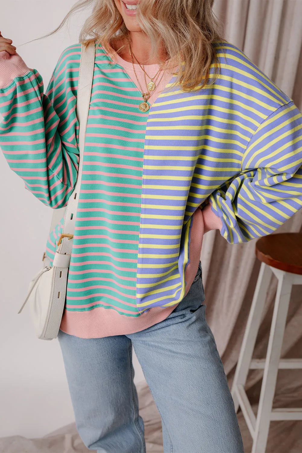 Casual Stripe Colorblock Drop Shoulder Oversize Sweatshirt - Chic Meadow Boutique 