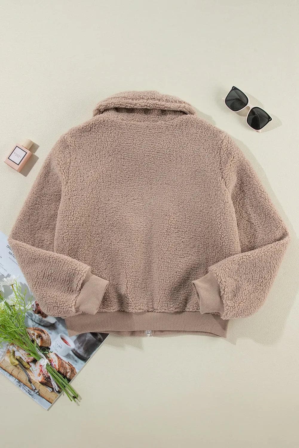 Outerwear/Jackets Light French Beige Zipper Pocketed Winter Fuzzy Jacket