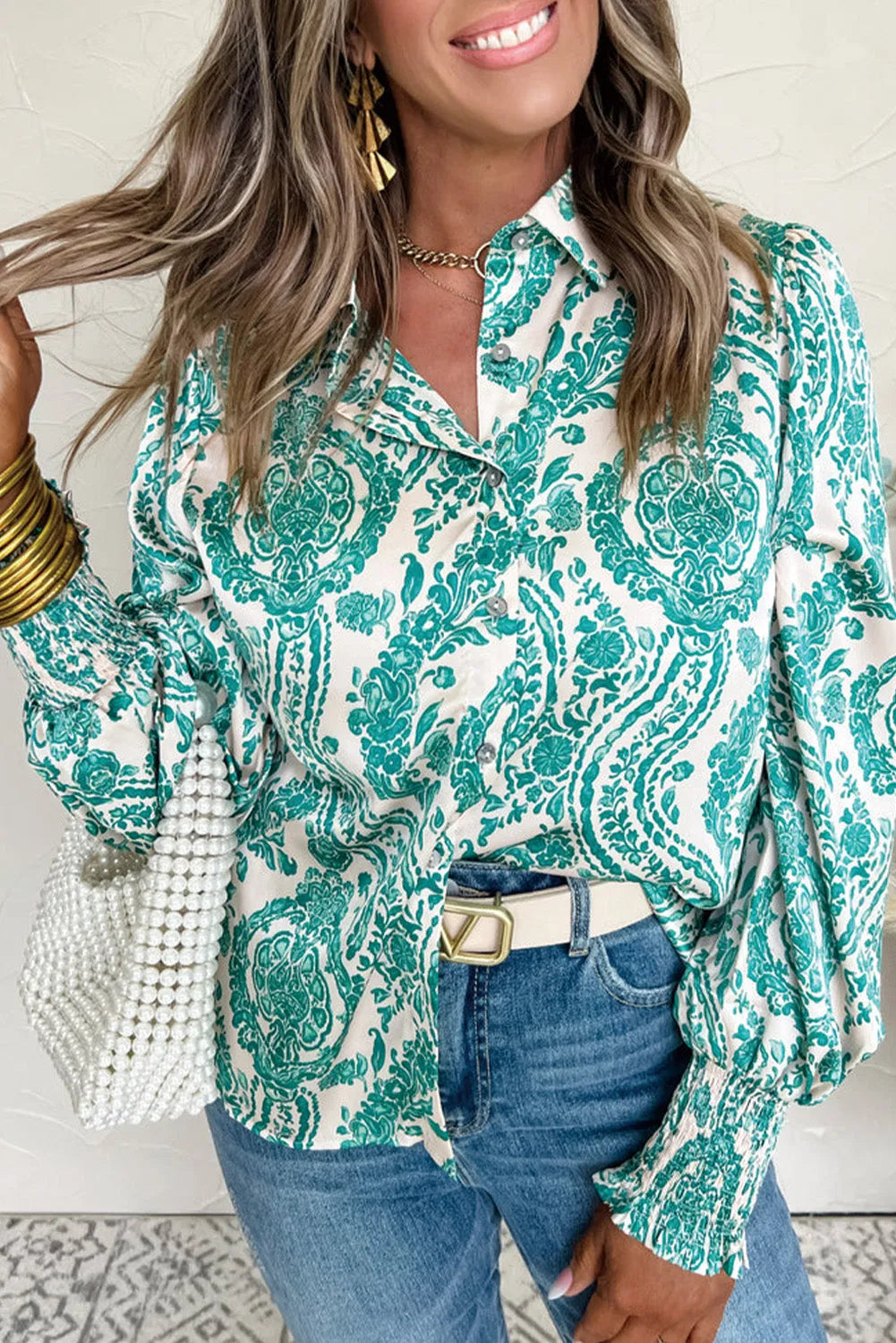 Green Paisley Print Smocked Cuff Buttoned Loose Shirt - Chic Meadow Boutique 