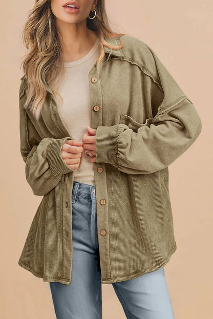 Moss Green Waffle Knit Patchwork Buttoned Oversized Shacket - Chic Meadow Boutique 