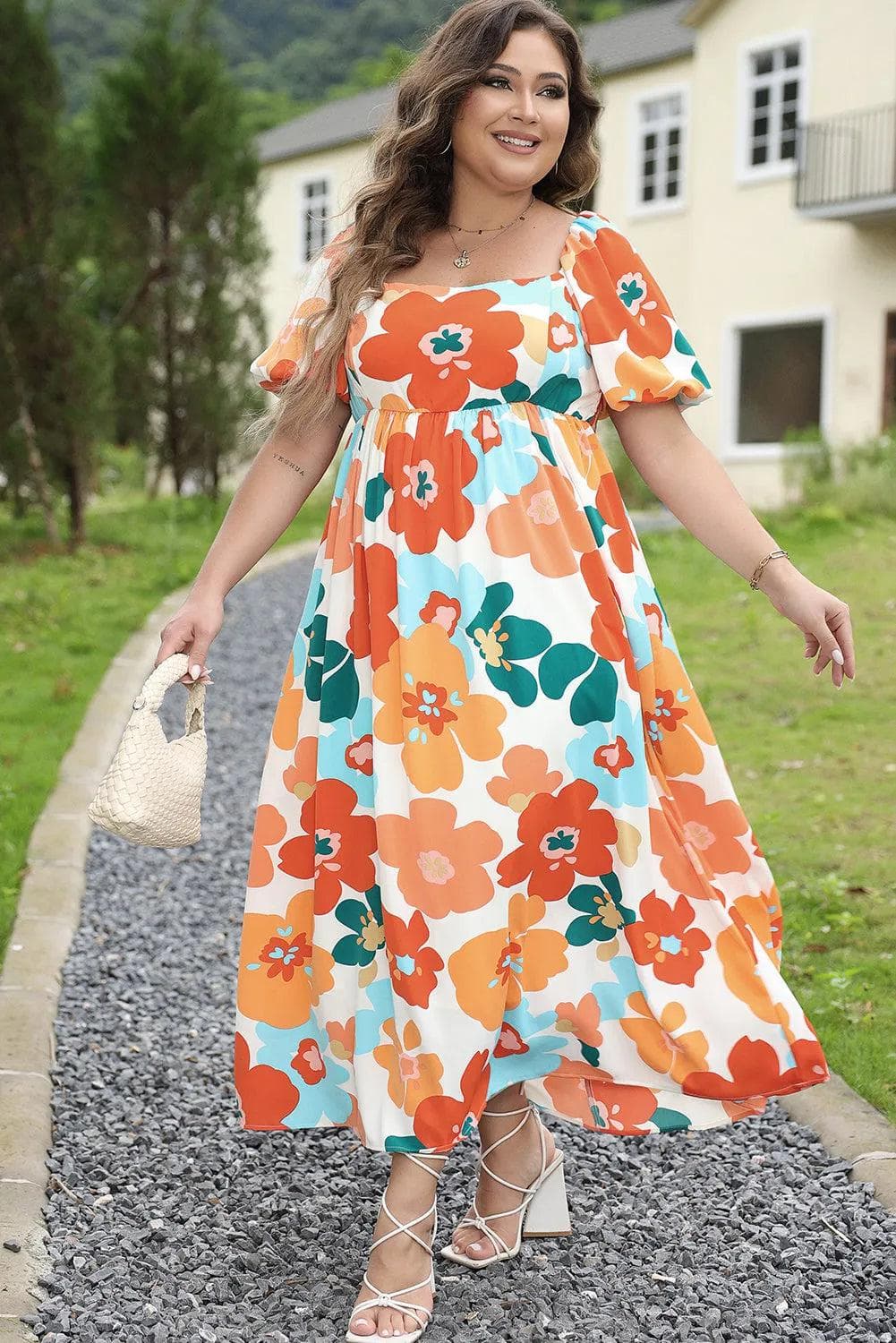 Plus Size/Plus Size Dresses/Plus Size Maxi Dresses Orange Plus Size Flower Print Shirred Square Neck Maxi Dress