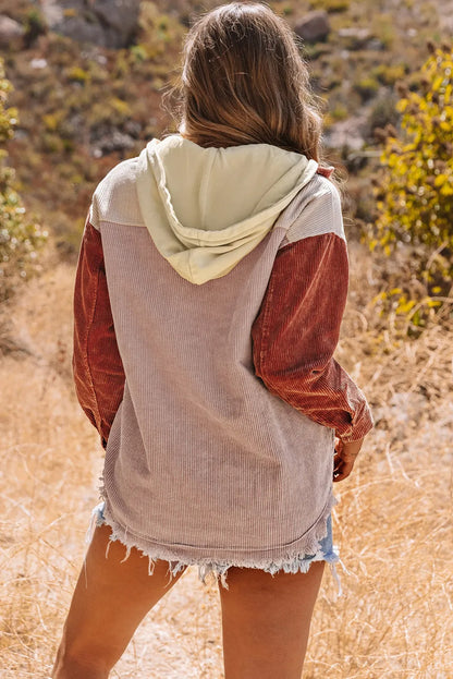 Color Block Button Down Hooded Corduroy Jacket - Chic Meadow Boutique 