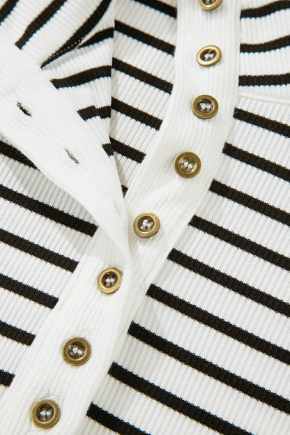 Black Stripe Ribbed Knit Half Button Long Sleeve Slim Top