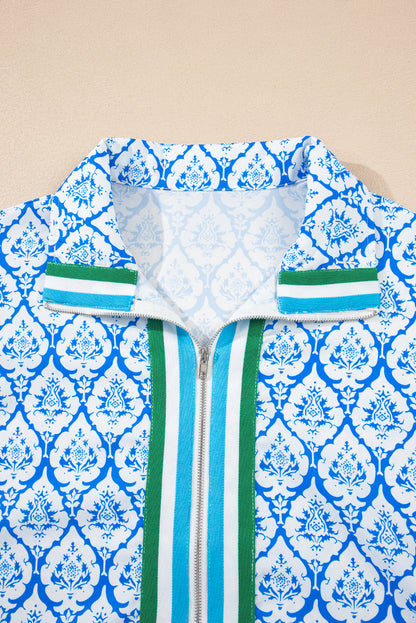 Sky Blue Western Print Zipped Collar Short Sleeve Summer Blouse Top