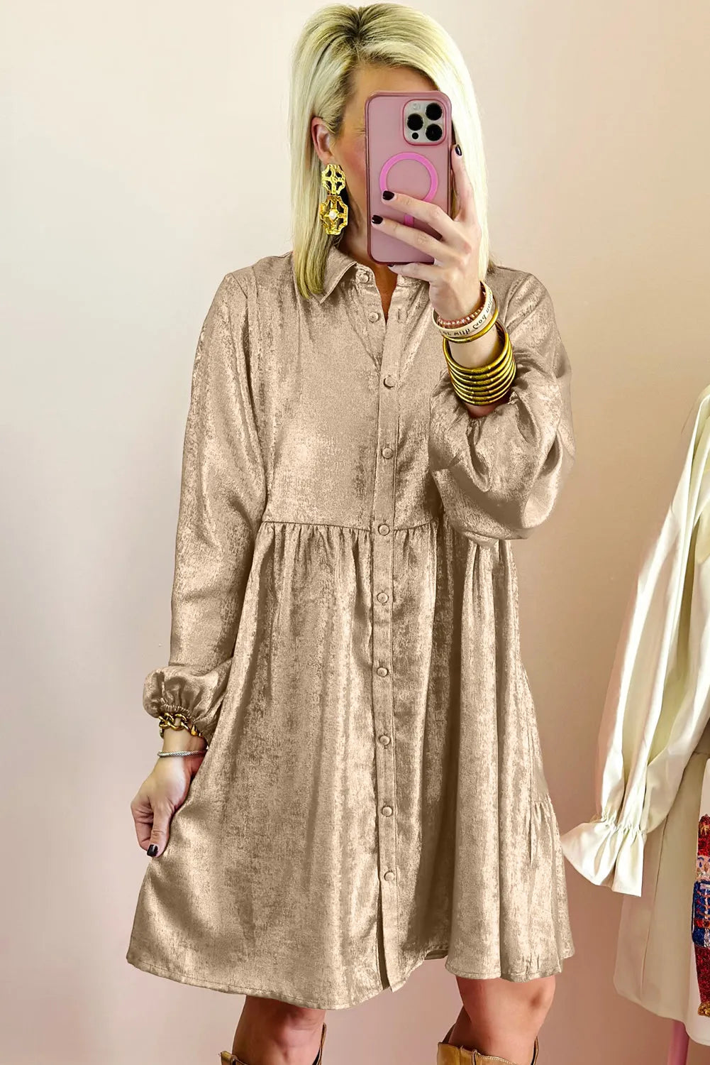 Apricot Metallic Sheen Puff Sleeve Button Up Mini Shirt Dress - Chic Meadow Boutique 