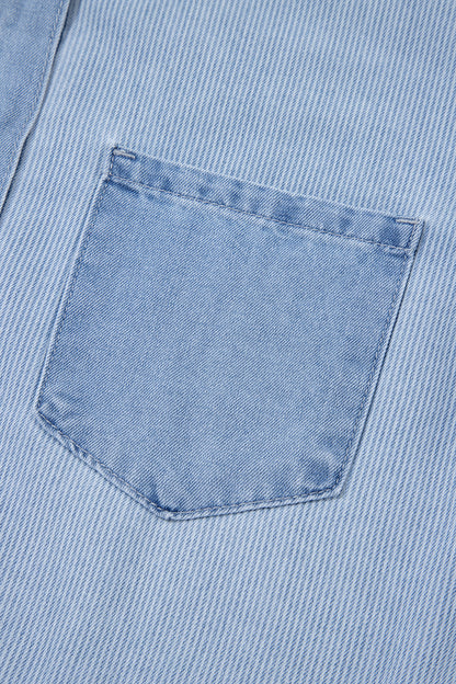 Beau Blue Lightweight Denim Striped Patchwork Button Down Shacket