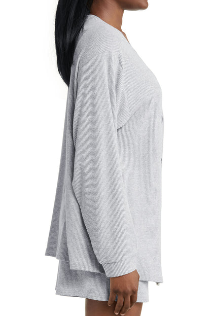 Light Grey 3 Pieces Rib Crop Camisole Matching Shorts Lounge Set with Cardigan