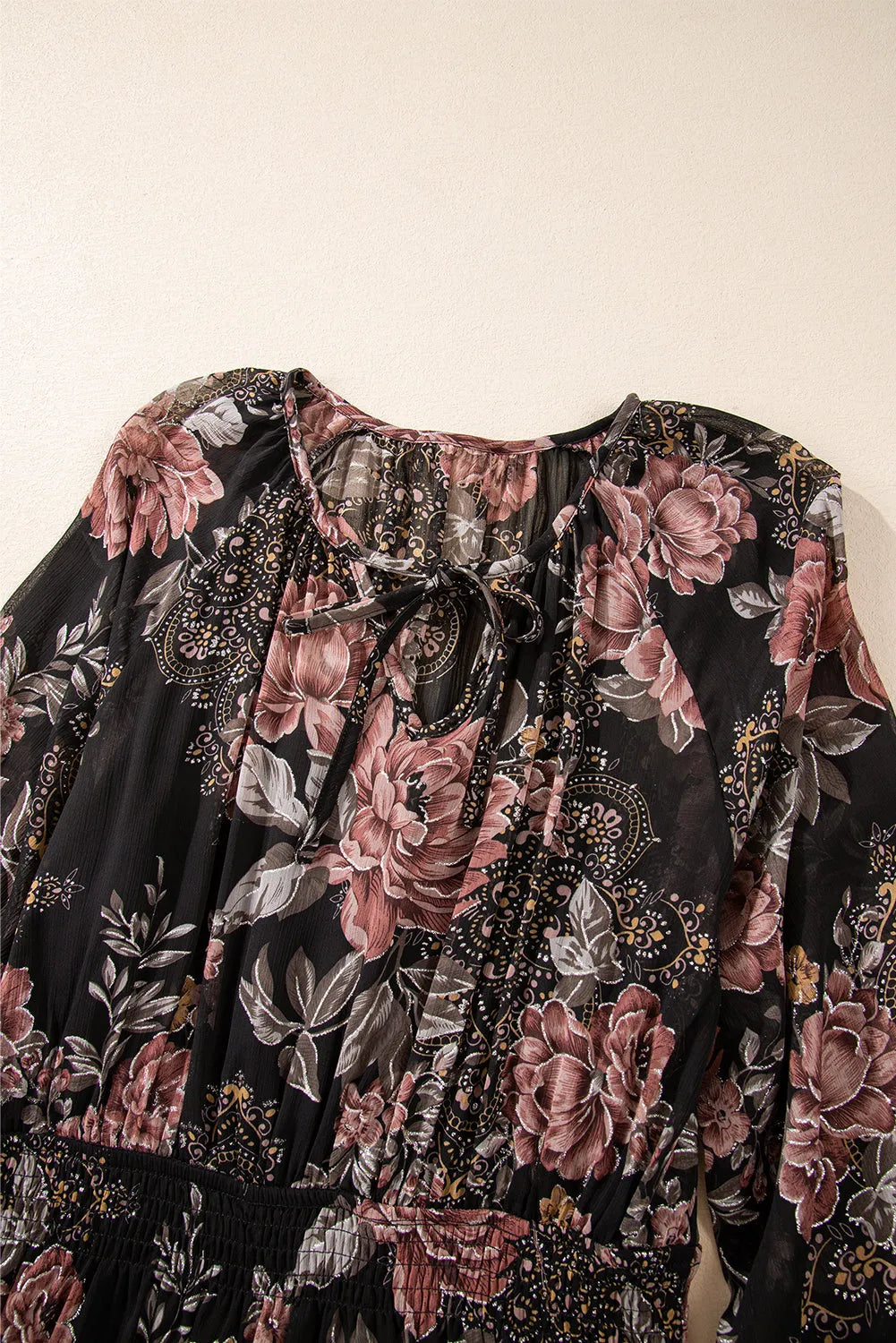 Black Vintage Floral Puff Sleeve V Neck Smock Waist Dress - Chic Meadow Boutique 