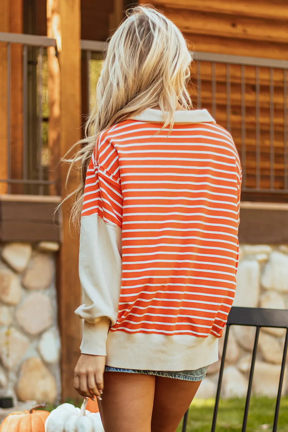 Orange Stripe Color Block Loose Fit Collared Drop Shoulder Sweatshirt - Chic Meadow Boutique 