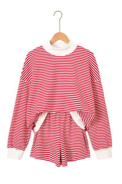 Red Stripe Oversize Mock Neck Sweatshirt and Shorts Set