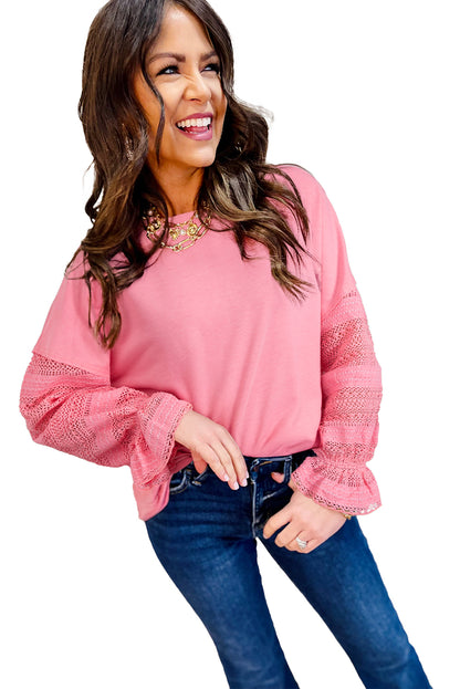 Sachet Pink Drop Shoulder Lace Ruffled Sleeve Patchwork Loose Sweatshirt