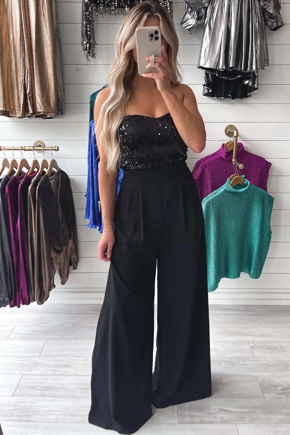 Black Sequin Tube Top Wide Leg Jumpsuit - Chic Meadow Boutique 