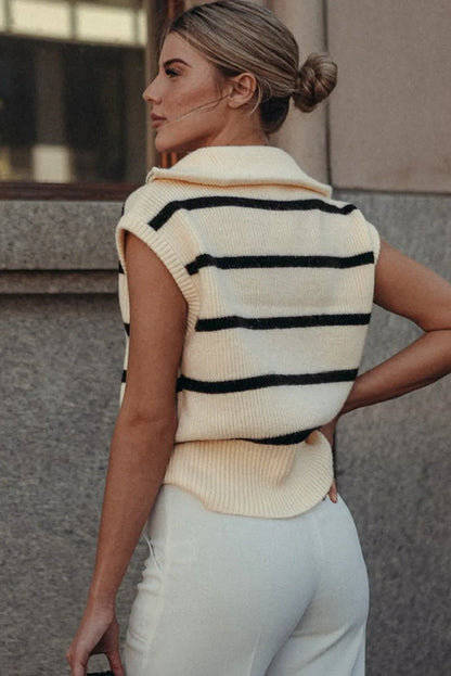 White Stripe Zipped Collar Cap Sleeve Knit Top - Chic Meadow Boutique 