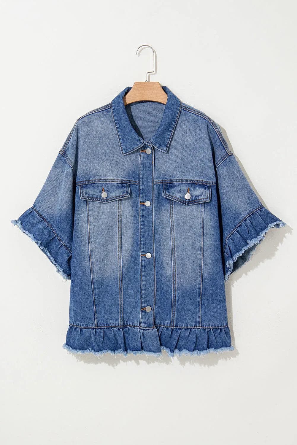 Plus Size/Plus Size Outerwear Peacock Blue Ruffled Frayed Short Sleeve Plus Size Denim Jacket