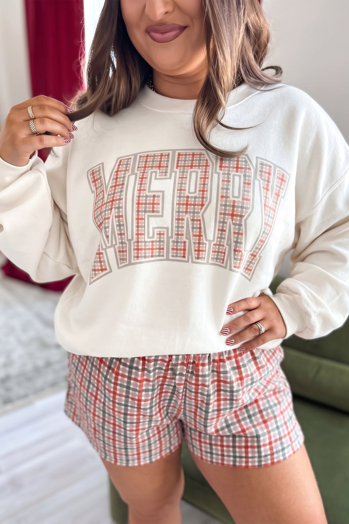 Red Plaid Print Casual Plus Size Shorts