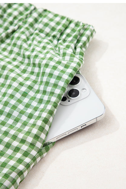 Fern Green Red Plaid Gingham Printed High Waist Shorts