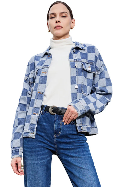 Light Blue Checkered Patchwork Button up Denim Jacket - Chic Meadow Boutique 