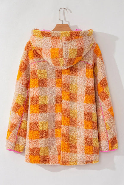 Orange Checkered Sherpa Hooded Jacket - Chic Meadow Boutique 