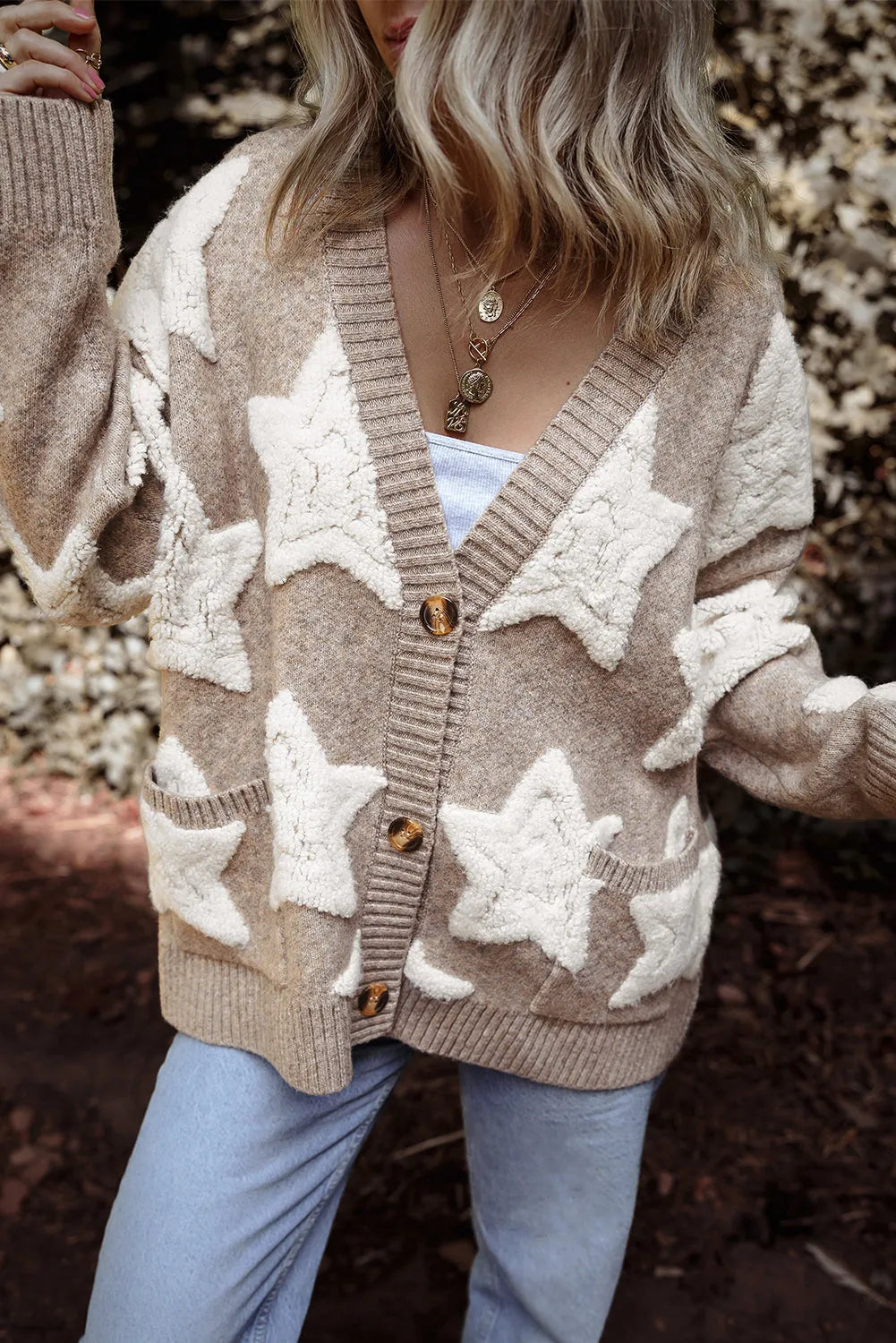 Khaki Sherpa Star Pattern Textured Sweater Cardigan with Pockets - Chic Meadow Boutique 