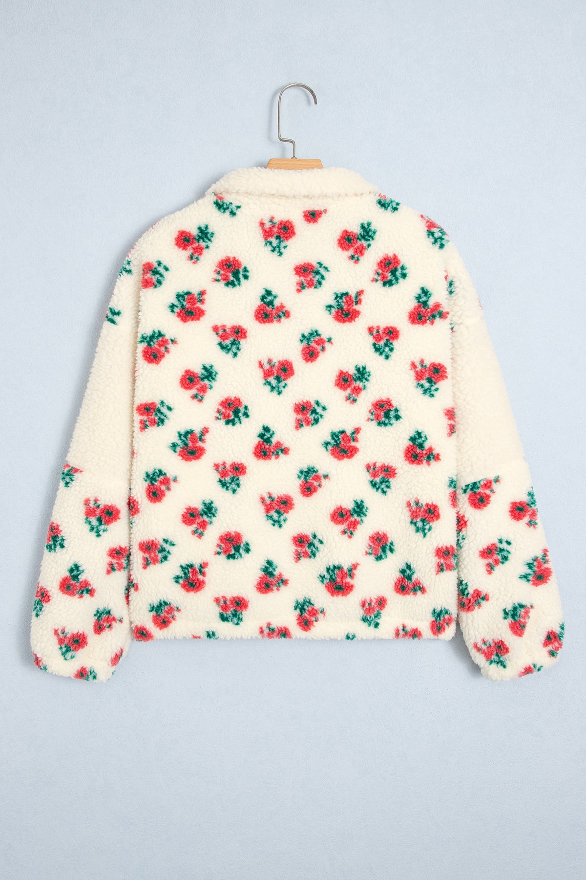 White Floral Print Fleece Contrast Trim Button Collar Sweatshirt
