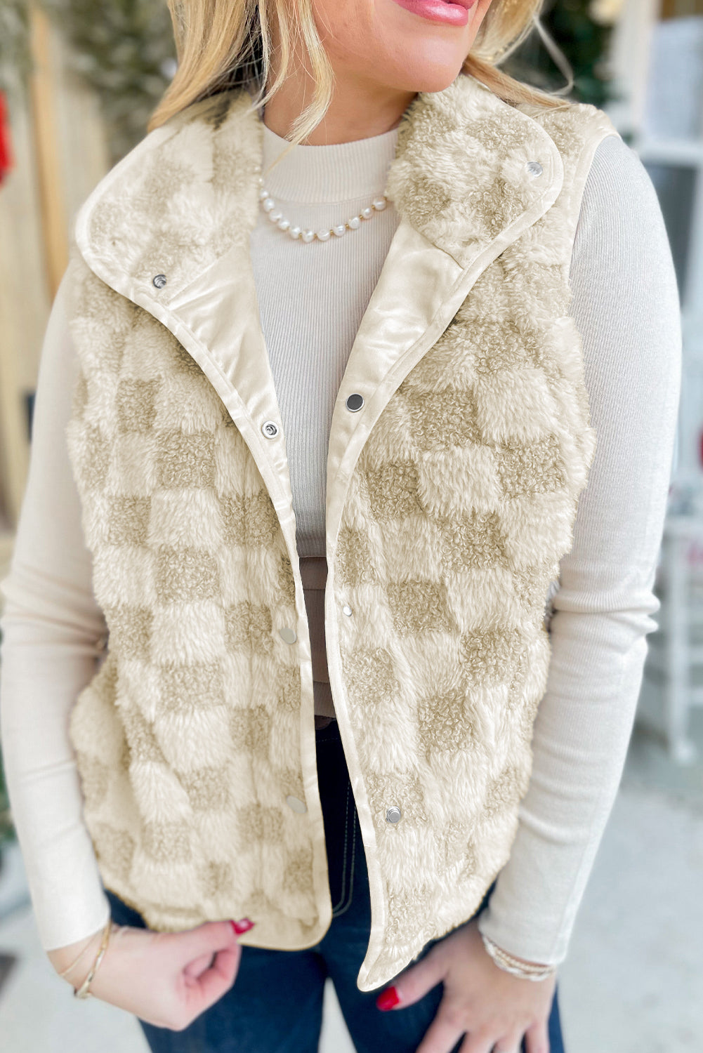 Khaki Sherpa Checkerboard Snap Button Vest Jacket With Pocket