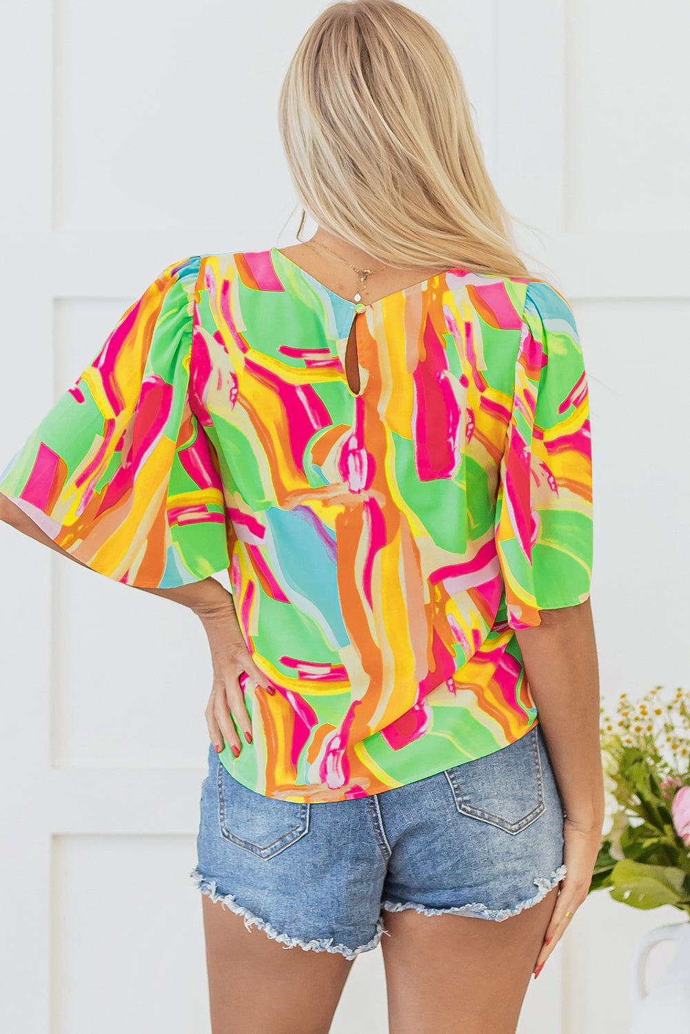 Multicolour Abstract Print Keyhole Back Pleated Half Sleeve Blouse