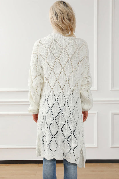 White Rhombus Hollowed Knit Open Front Cardigan - Chic Meadow Boutique 