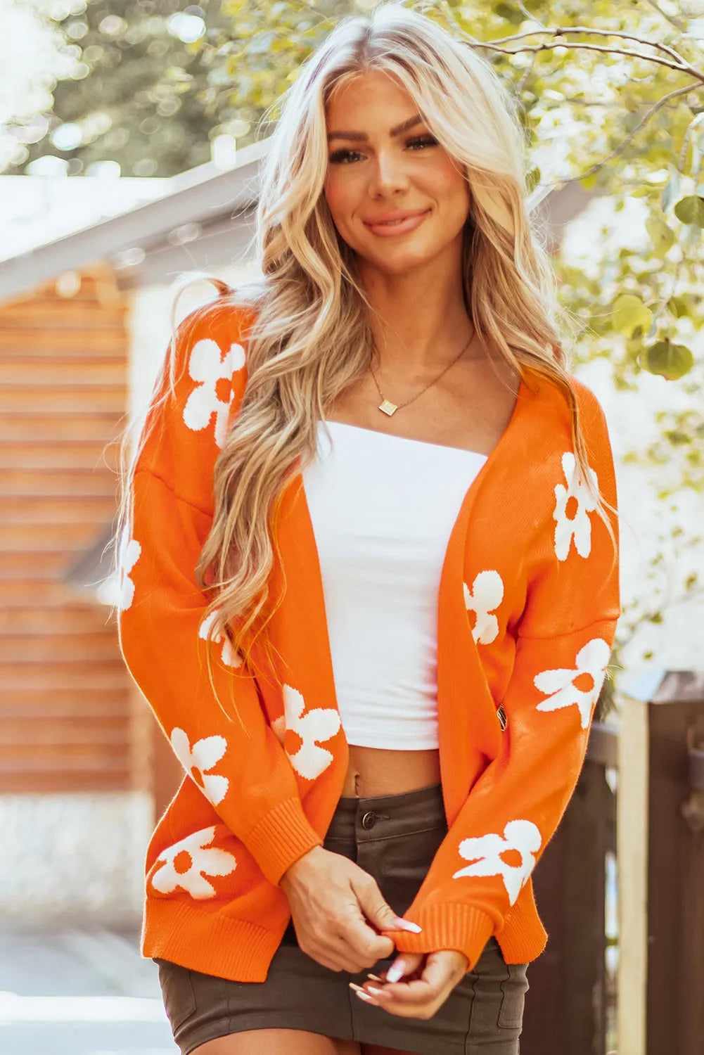 Orange Floral Print Knitted Open Front Loose Cardigan - Chic Meadow Boutique 