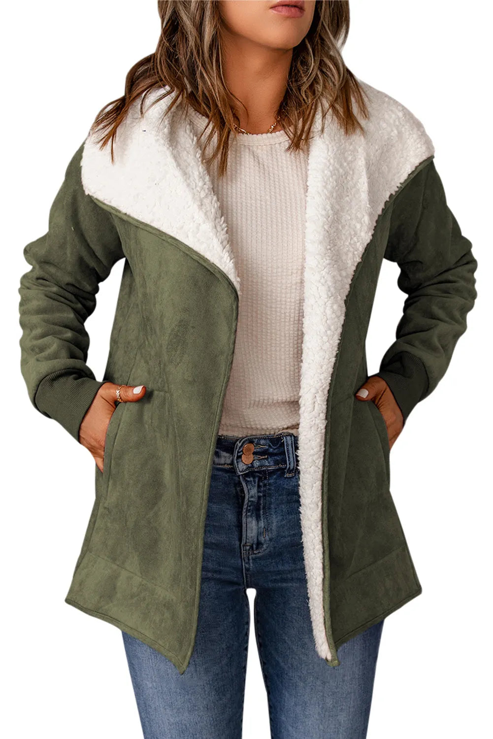 Green Faux Suede Fleece Lined Open Front Jacket - Chic Meadow Boutique 