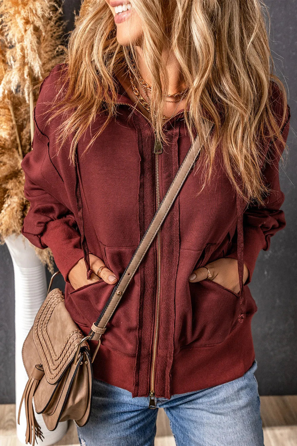 Brown Raw Edge Exposed Seam Full Zip Hoodie - Chic Meadow Boutique 