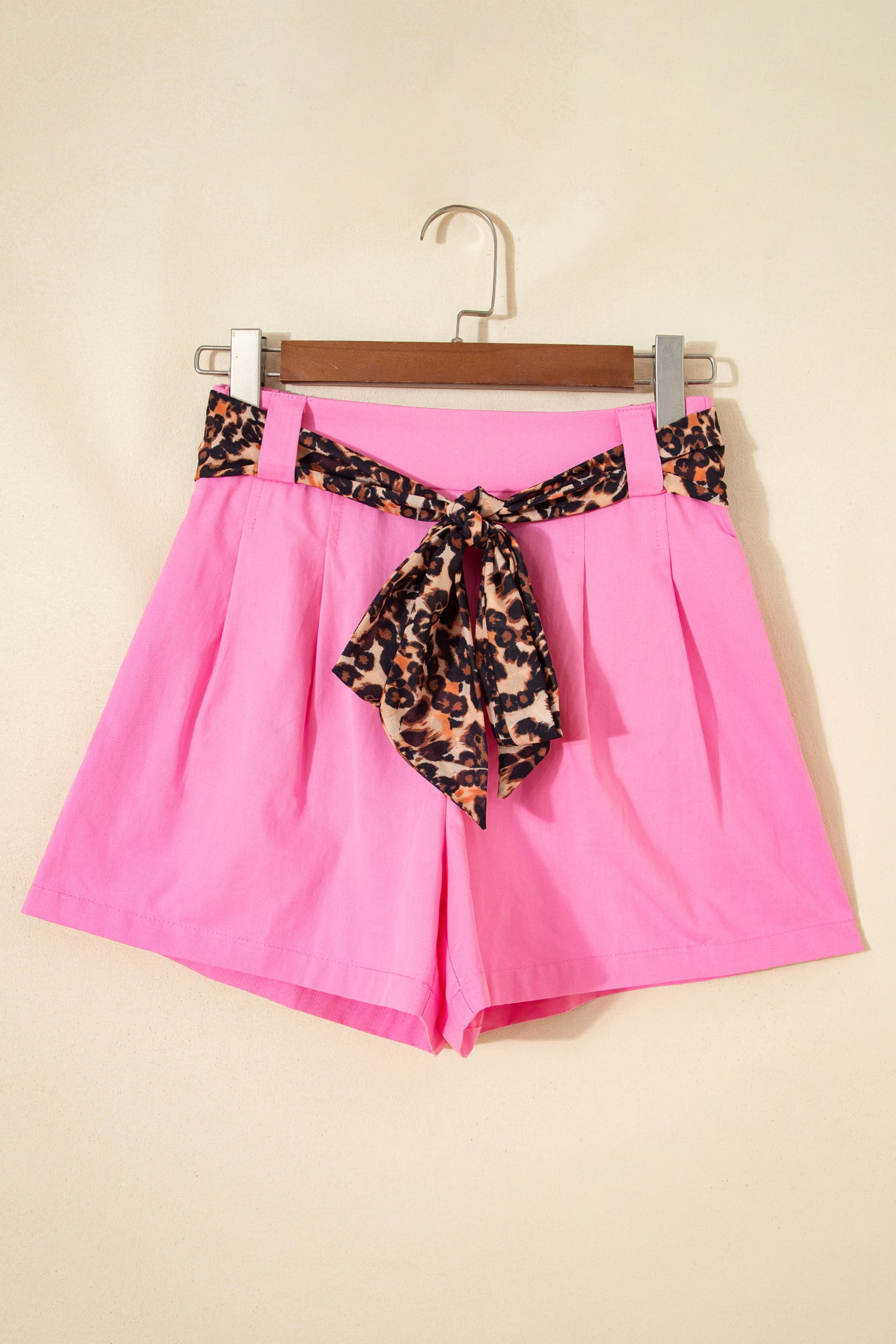 Bright Pink Leopard Contrast Sash Belt Pleated Wide Leg Shorts