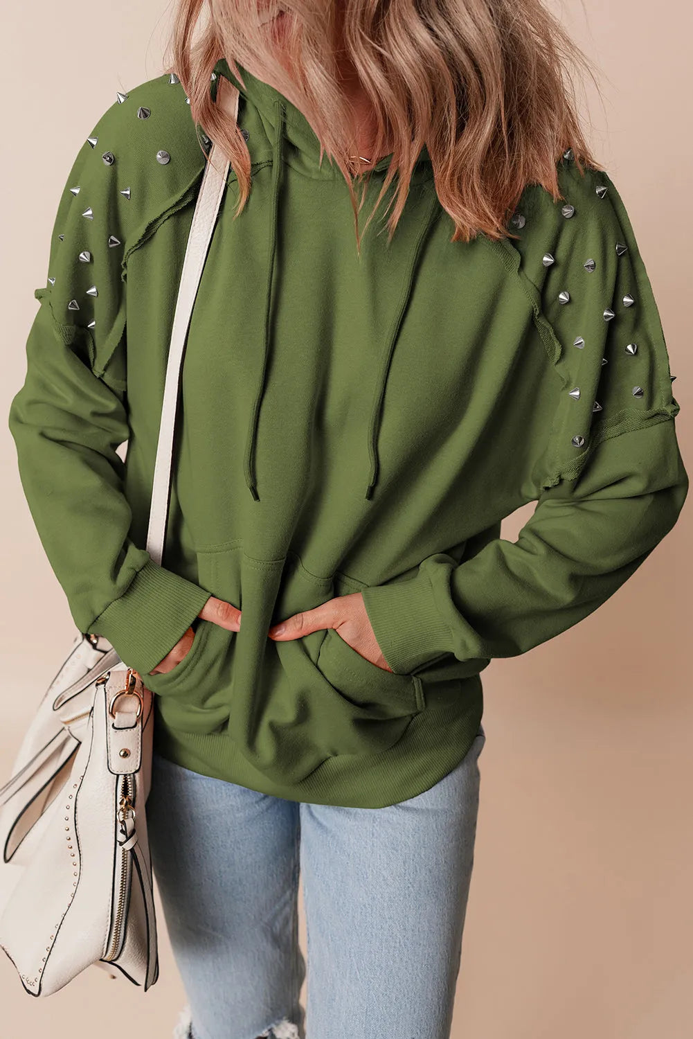 Vineyard Green Solid Color Rivet Stud Raglan Sleeve Hoodie with Pocket - Chic Meadow Boutique 