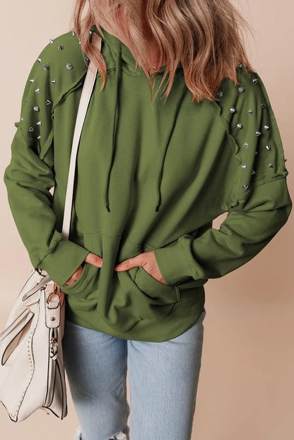 Vineyard Green Solid Color Rivet Stud Raglan Sleeve Hoodie with Pocket - Chic Meadow Boutique 