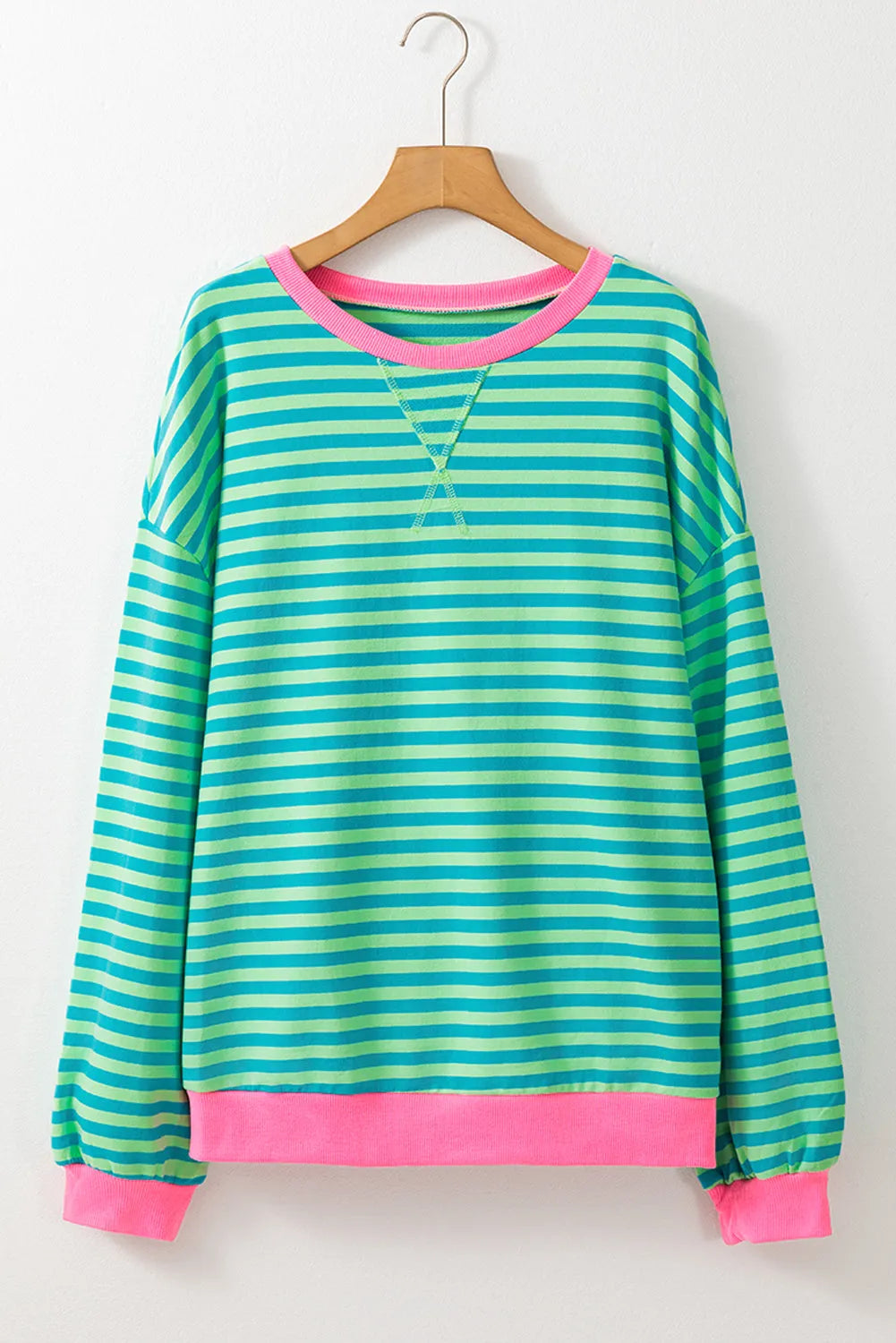 Sky Blue Stripe Oversized Contrast Trim Pullover Sweatshirt - Chic Meadow Boutique 