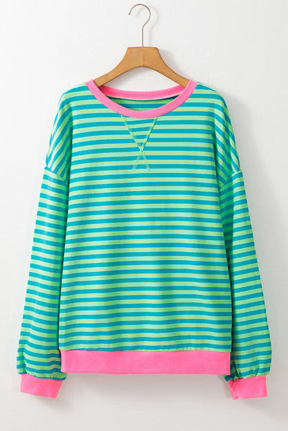 Sky Blue Stripe Oversized Contrast Trim Pullover Sweatshirt - Chic Meadow Boutique 