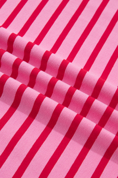Pink Stripe Scalloped Trim Round Neck T Shirt