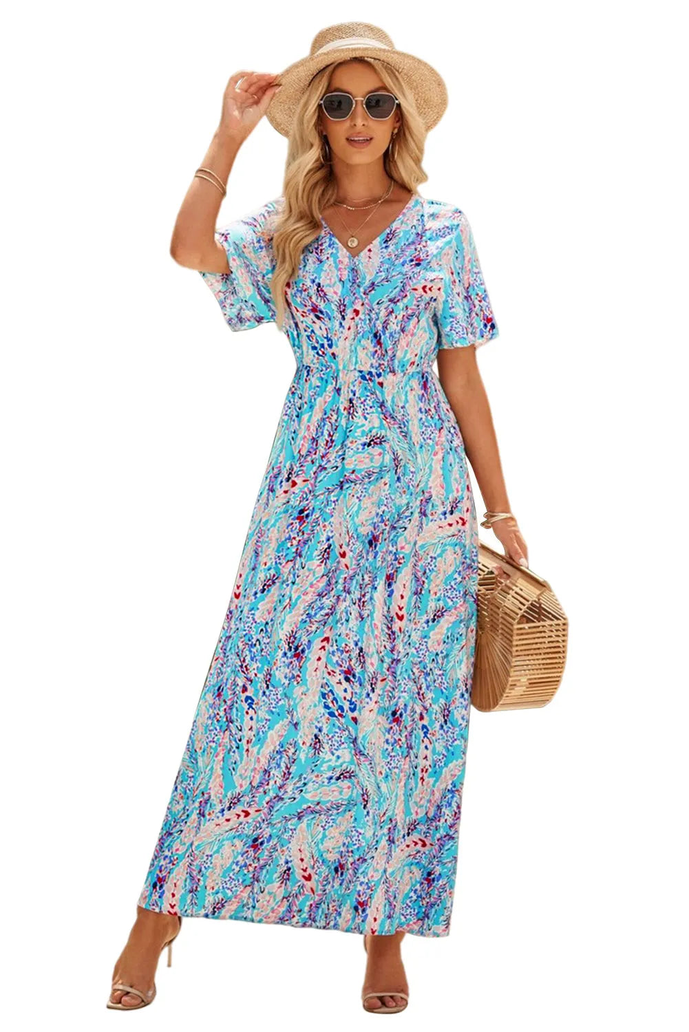 Green Wrap V Neck Floral Maxi Dress - Chic Meadow Boutique 